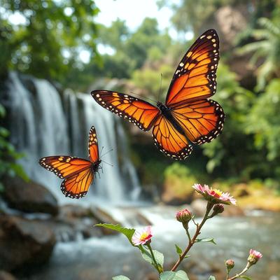 The primary subject of the image is a pair of butterflies flying in the air. They are surrounded by a lush green forest, with a waterfall in the background. The visual style of the image is a photo, capturing the beauty of the butterflies and their natural environment. The colors and mood of the image are vibrant and serene, with the greenery and waterfall creating a peaceful and inviting atmosphere.